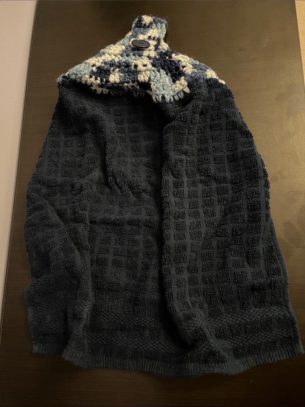 New Hand Crafted Navy Hanging Kitchen Towel with Blue and White Crochet Top - Picture 1 of 1